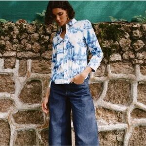 ZARA Printed Poplin Shirt  Collared Blouse Blue White  Size XS Womens New 3134